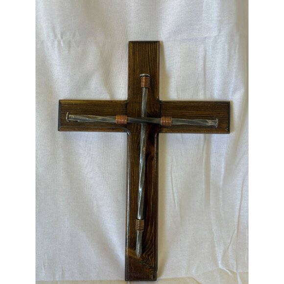 Handcrafted Wooden Wall Cross Made From Church Pews With Nails Detail By San Die - Picture 1 of 2